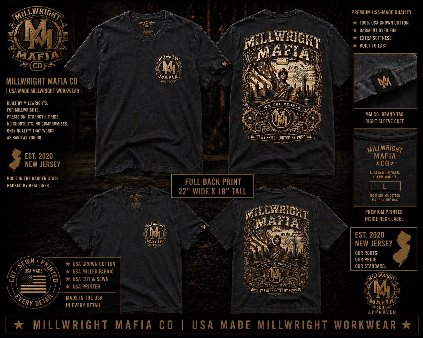 Millwright Mafia CO UNISEX SUPIMA CREW GARMENT DYED  T-Shirt