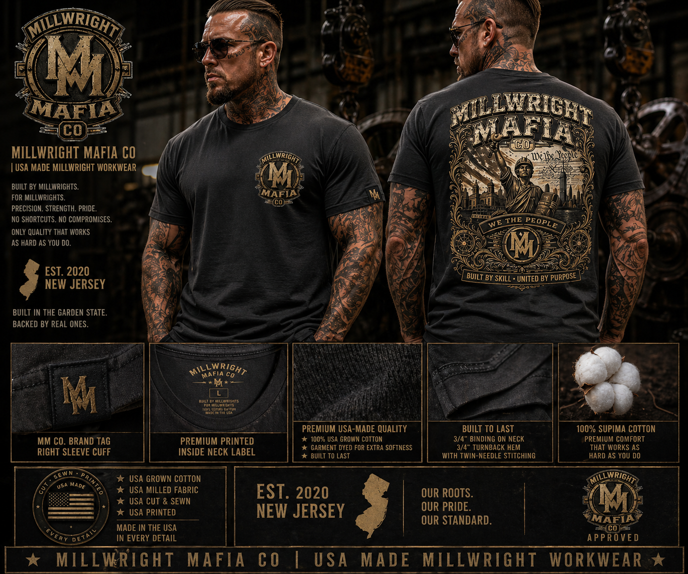 Millwright Mafia CO UNISEX SUPIMA CREW GARMENT DYED  T-Shirt