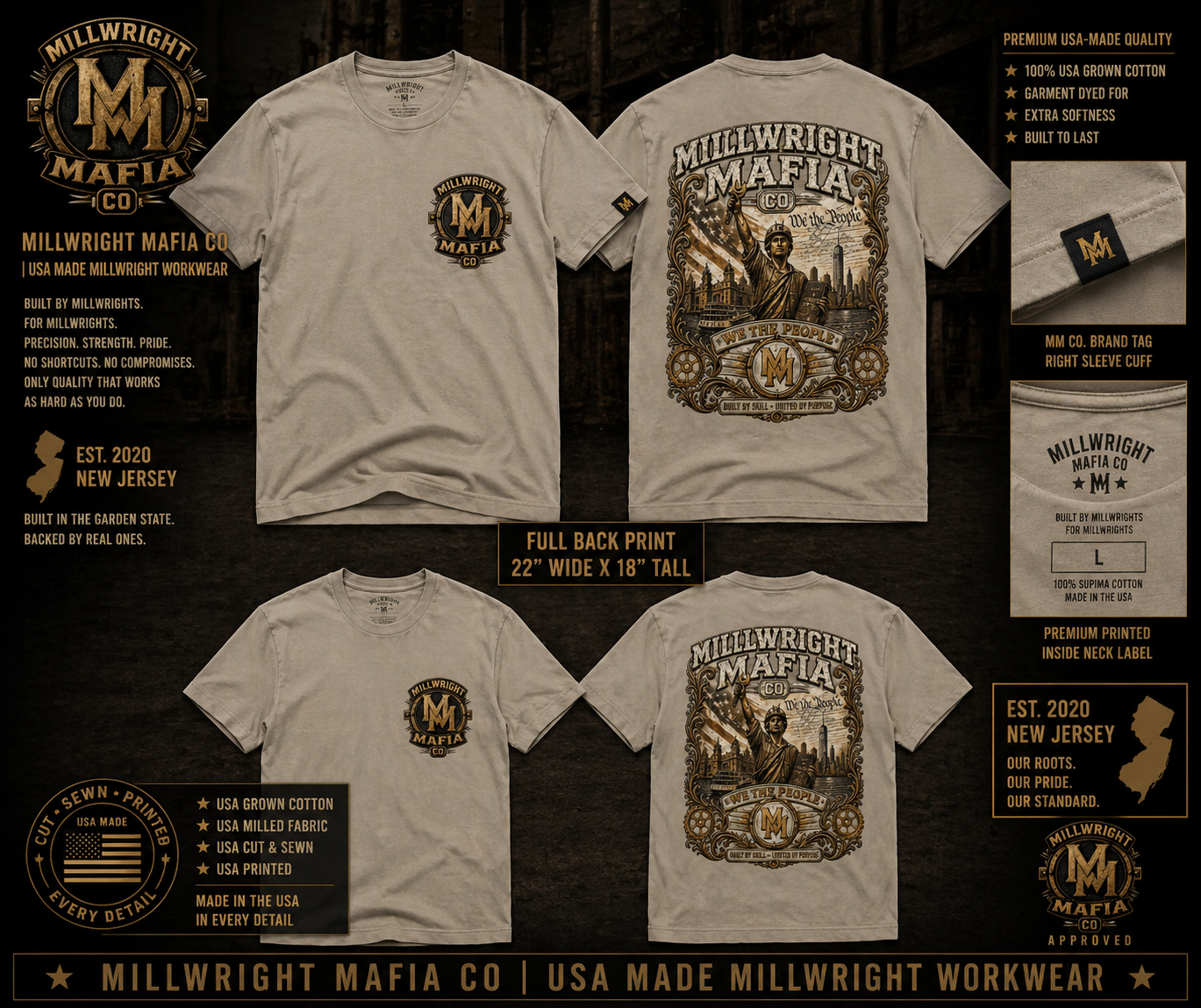 Millwright Mafia CO UNISEX SUPIMA CREW GARMENT DYED  T-Shirt