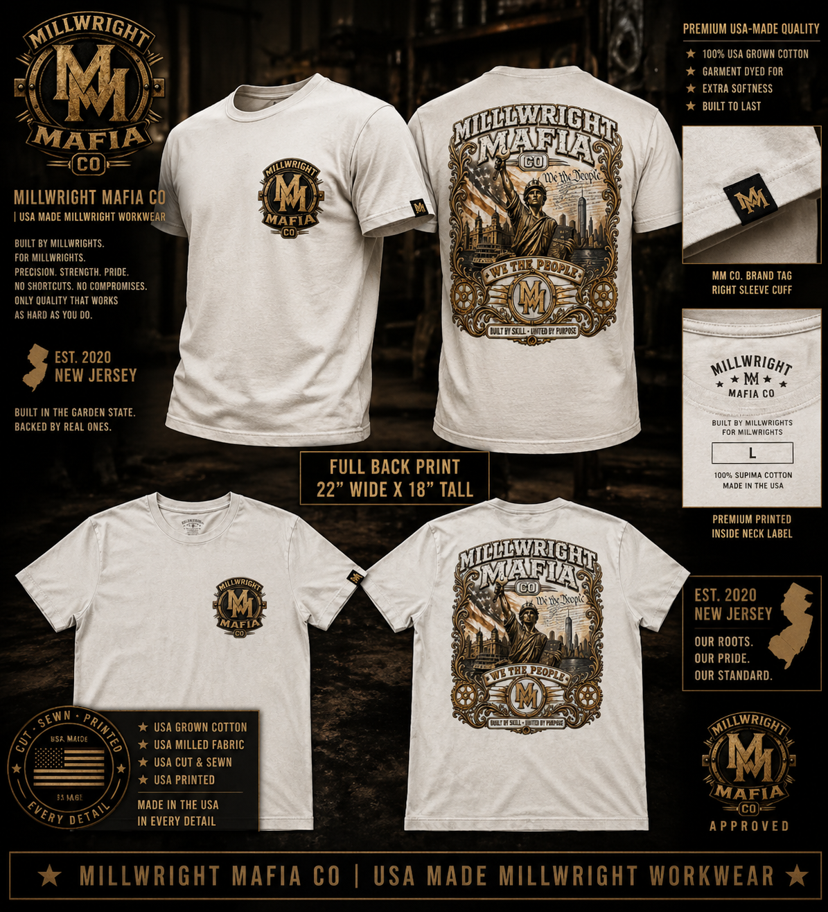 Millwright Mafia CO UNISEX SUPIMA CREW GARMENT DYED  T-Shirt